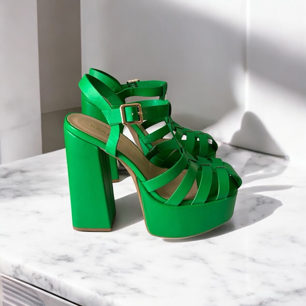 Green Strappy Caged Chunky Heel Women's Sandals Sz 7.5 Brand New - Picture 5 of 6